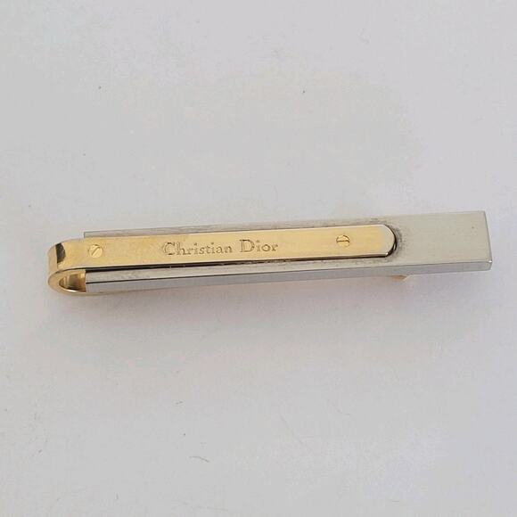 Christian Dior Tie Bar Clip Clasp Gold Silver Tone Logo Vintage Designer - Picture 1 of 6